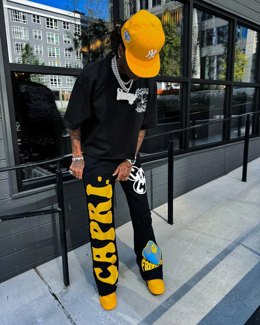 Project Capri black x yellow denim flared sweats